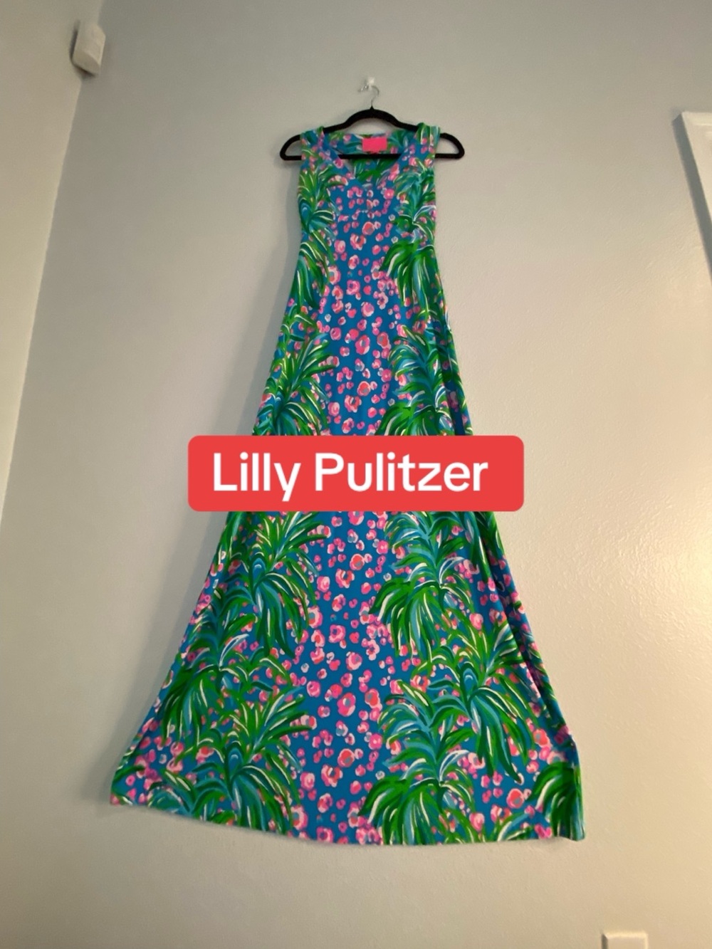Lilly Pulitzer Blue Maxi Dress with Green Palm & Pink Floral Print